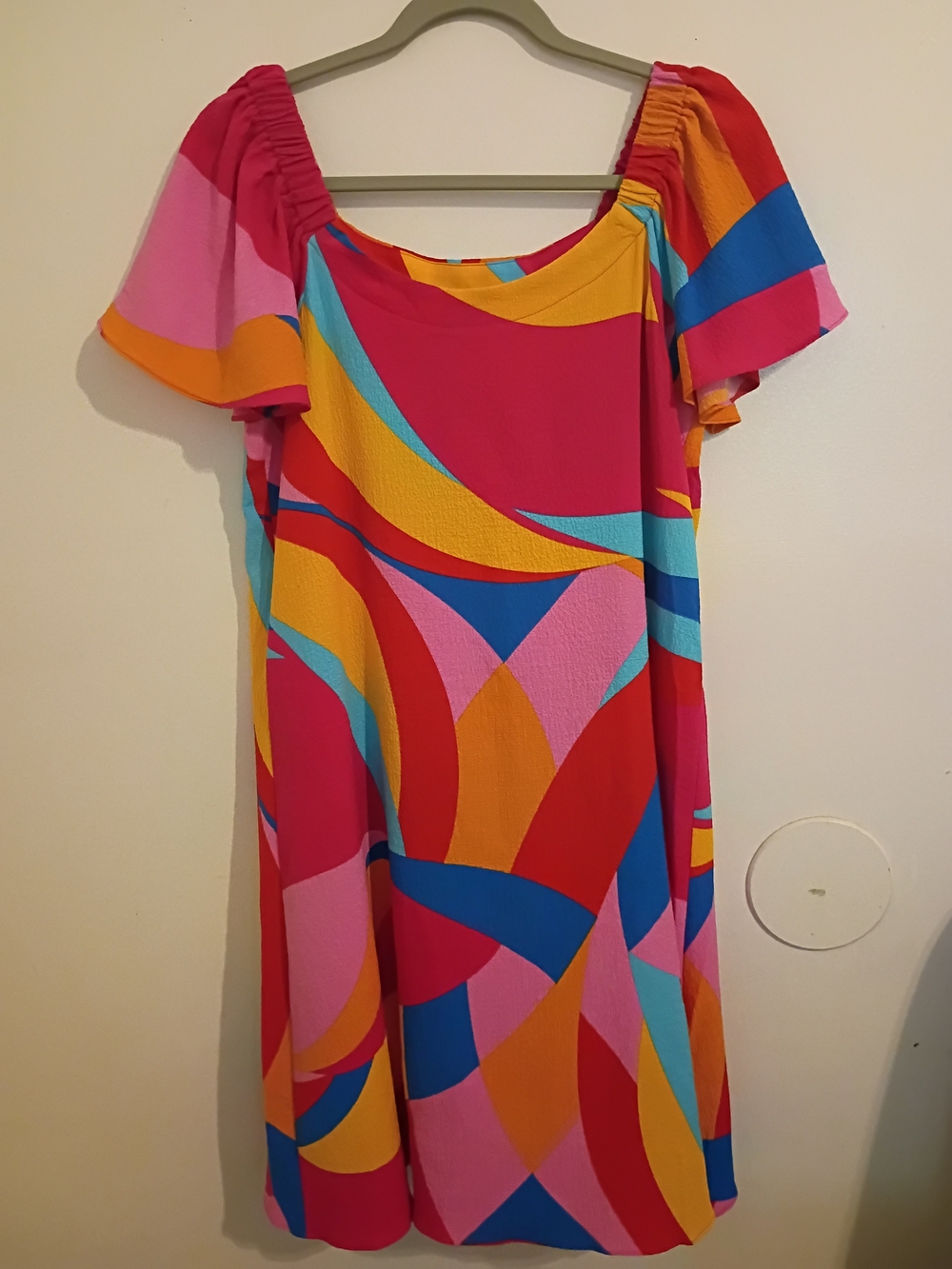 Robbie Bee Pink‎ Red Orange Blue Yellow Abstract Off-Shoulder Mini Dress Sz M